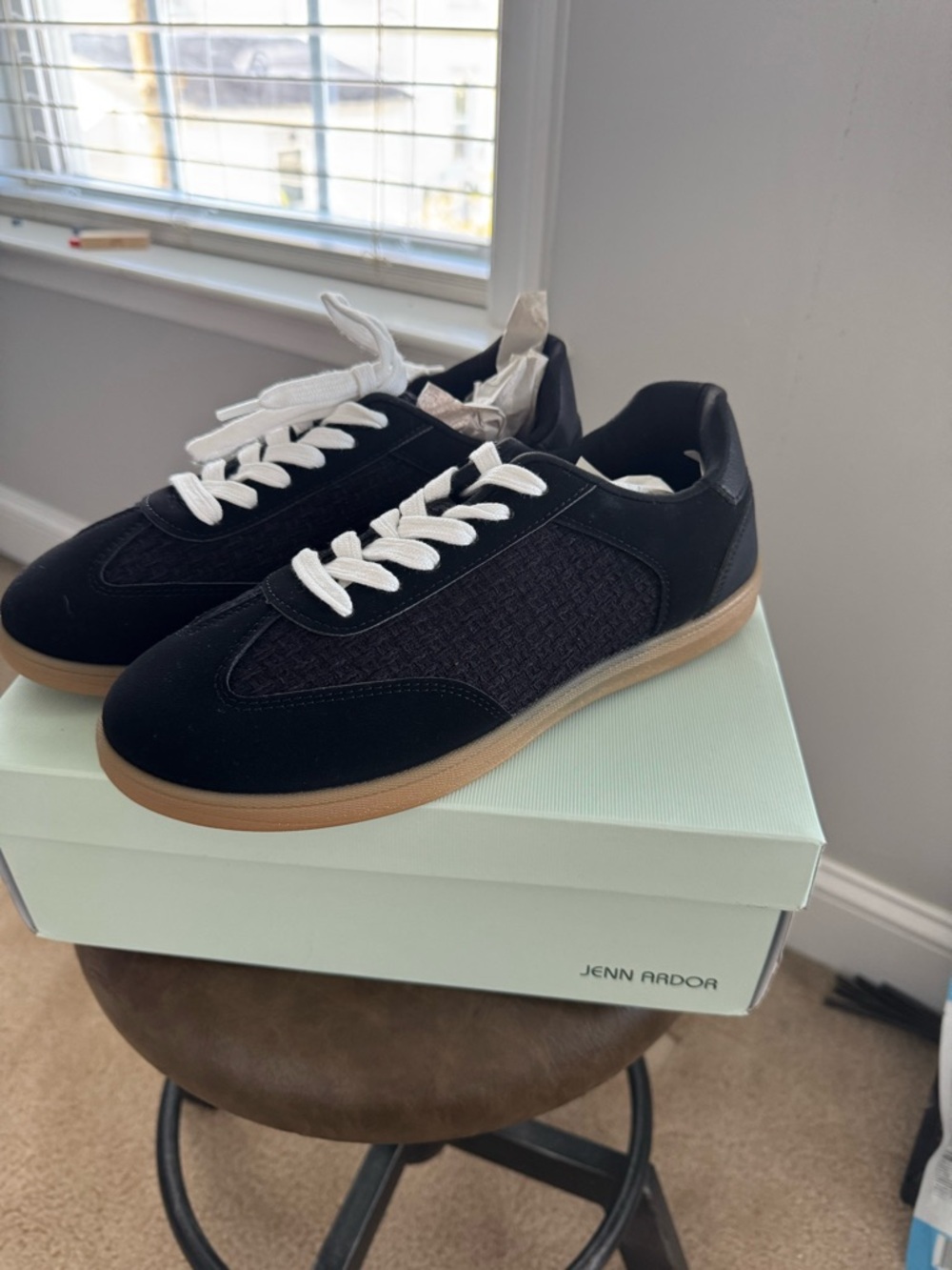 Jenn Ardor Black Sneakers with White Laces and Gum Sole